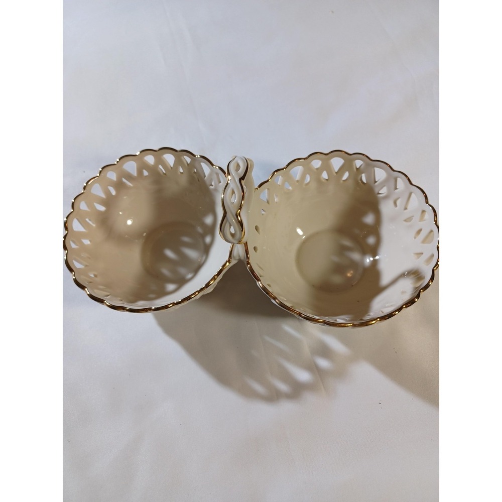 Lenox White Bone China Double Dipping Bowls Lattice Edge Gold Trim Handle Server